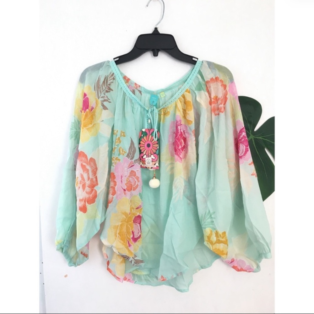 Farm Rio Floral Blouse Bell Sleeve Extra Small